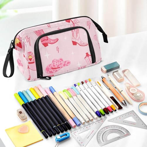 Image of Fisyme Pink Western Cowgirl Boots Pencil Case Large Capacity Pencil Pouch Pen Bag Box Big Makeup Pencil Case Organizer