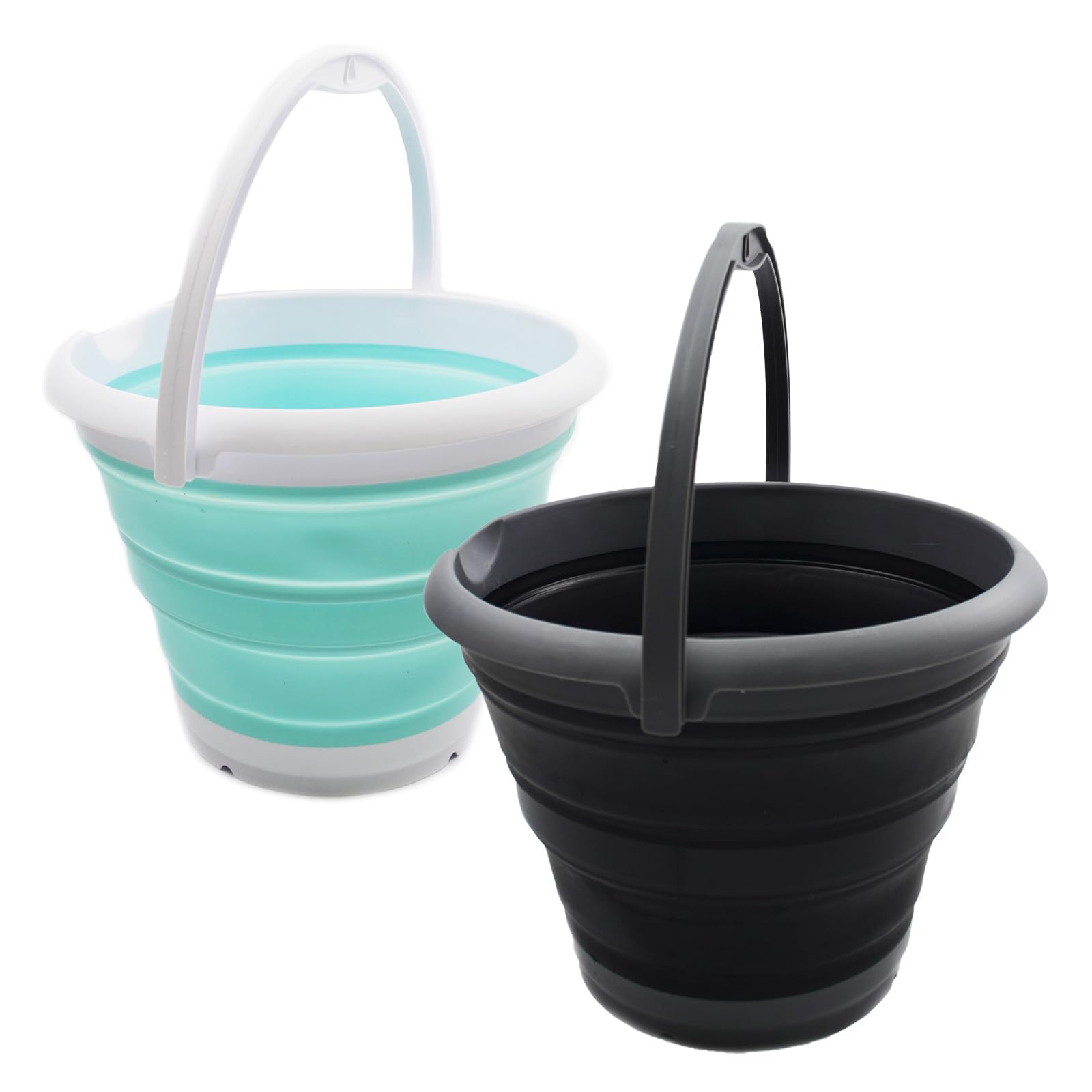 SAMMART 10L Collapsible Fishing Bucket - Foldable Round Tub - Portable Plastic Water Pail - Space Saving Outdoor Waterpot - Trunk Organizer for All Types of Vehicles (Black+Lake Green (Set of 2))