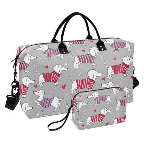 Dachshund Dog Striped Heart Large Travel Duffle Bag Weekender Overnight Bags Gym Yoga Bag for Women Men with Toiletry Bag