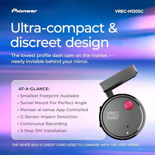 Image of Pioneer VREC-H120SC Compact Dash Camera - Discreet 1.5K Resolution Front Dash Cam for Cars with Impact Detection, 120 Degree Wide Angle Coverage, Built-in WiFi, Companion App, USB-C Easy Install