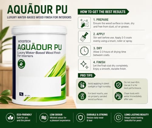 Image of AP Luxury Water-Based Polyurethane (PU) Wood Finish for Interiors, Low VOC, Scratch & Stain Resistant Clear Wood Coating, Best Water PU for Wood, with Premium PU Brush 2 inch | 1 lt (Matt)