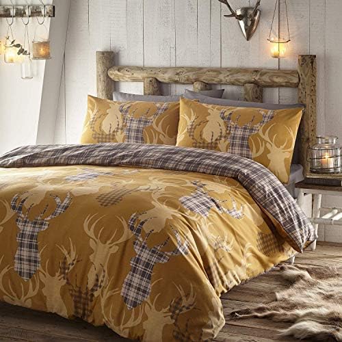 Portfolio Tartan Stag Quilt Duvet Cover Bed Set, Polycotton, Mustard, Double