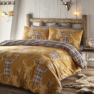 Portfolio Tartan Stag Quilt Duvet Cover Bed Set, Polycotton, Mustard, Double