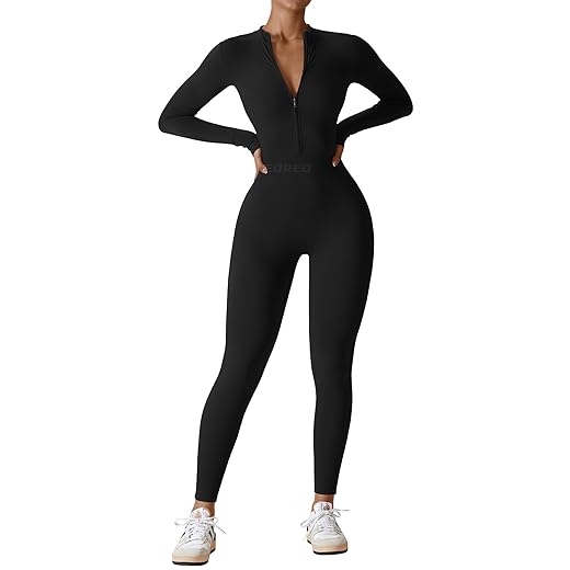 YEOREO Women Long Sleeve Workout Jumpsuit Zip Up Romper Bottom Pants Bodysuit Bodycon Sexy One Piece