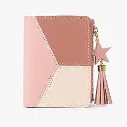 Carteira Feminina Geométrica Com Pingente Tassel Colorido, Compacta e Moderna, Com Porta Cartões, Zíper Para Moedas e Documento, Couro Sintético Estilo Fashion Elegante Prática (Rosé Clássico)
