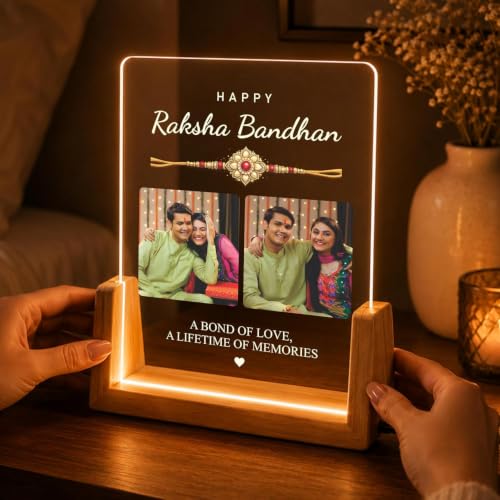 Image of Giftplease Personalized Raksha Bandhan LED Acrylic Photo Frame with Rakhi, Roli Chawal, Greeting Card, Wooden USB Night Lamp, Brother Sister Keepsake, Festival Decoration, Memory Display, Home Decor