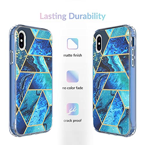Jeylly For Iphone Xs Case,Iphone X Marble Case With Screen Protector & Camera Lens Protector, Shockproof Heavy Duty Hybrid Full Body Rugged Protective Girls Case For Iphone X/Xs 5.8 Inch, Ocean Blue #TOP7
