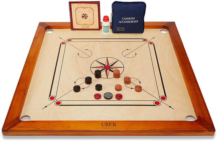 Uber Games โ Premium Carrom Board Set โ 33 x 33โ Official Size playing board Including Carrom Men,Striker & Powder - Hardwood edges for better rebound โ Made in India โ Great value for all players