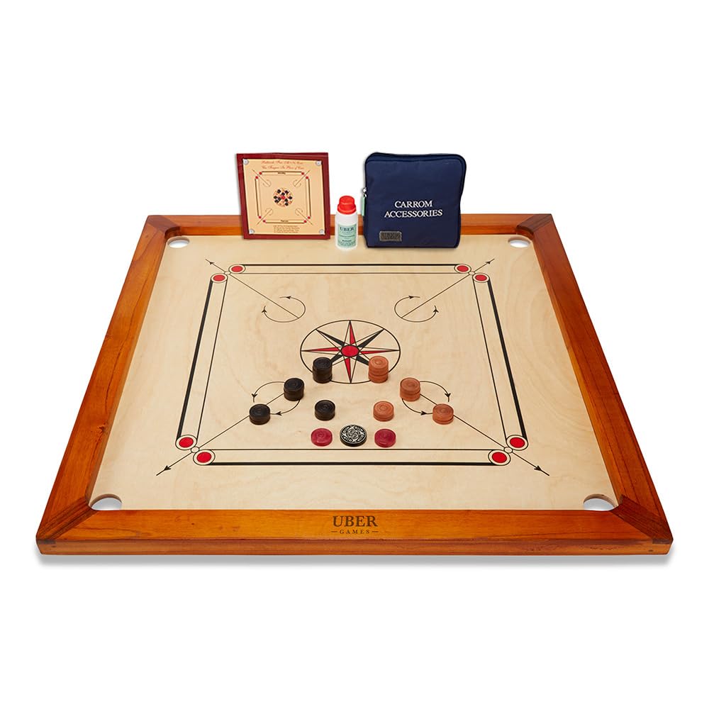 Uber Games – Premium Carrom Board Set – 33 x 33” Official Size playing board Including Carrom Men,Striker & Powder - Hardwood edges for better rebound – Made in India – Great value for all players