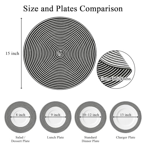Image of SHACOS 15 inch Round Braided Placemats Set of 6 Non Slip Washable Fabric Kitchen Table Place Mats Heat Resistant Table Mats for Home Wedding Party, Black White