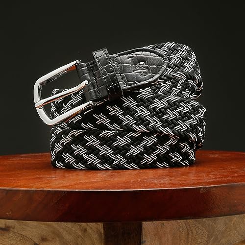 Image of LOUIS STITCH Men's Braided Elastic Stretch Belt with Leather Tipped End Stretchable Canvas Waist Band for Men Women Boys Girls Unisex (Width 3 cm) (BE-EL)