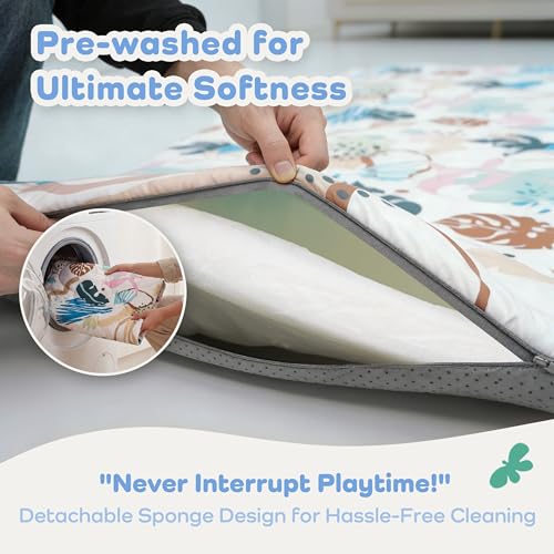 PaPaMat 1.5" Thick 71x59 Baby Play Mat Removable & Machine Washable Cover Softness Foam Play Mats, Easy-Clean Hygienic, Comfort Safety Kids Crawling (Tummy Time Leaves)