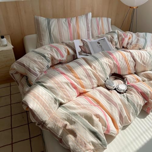 Image of VM VOUGEMARKET Multicolor Striped Duvet Cover Set King Washed Cotton Bedding Stripes Duvet Cover with 2 Pillowcases for Girls Women(Orange /Pink /Green /Coffee)