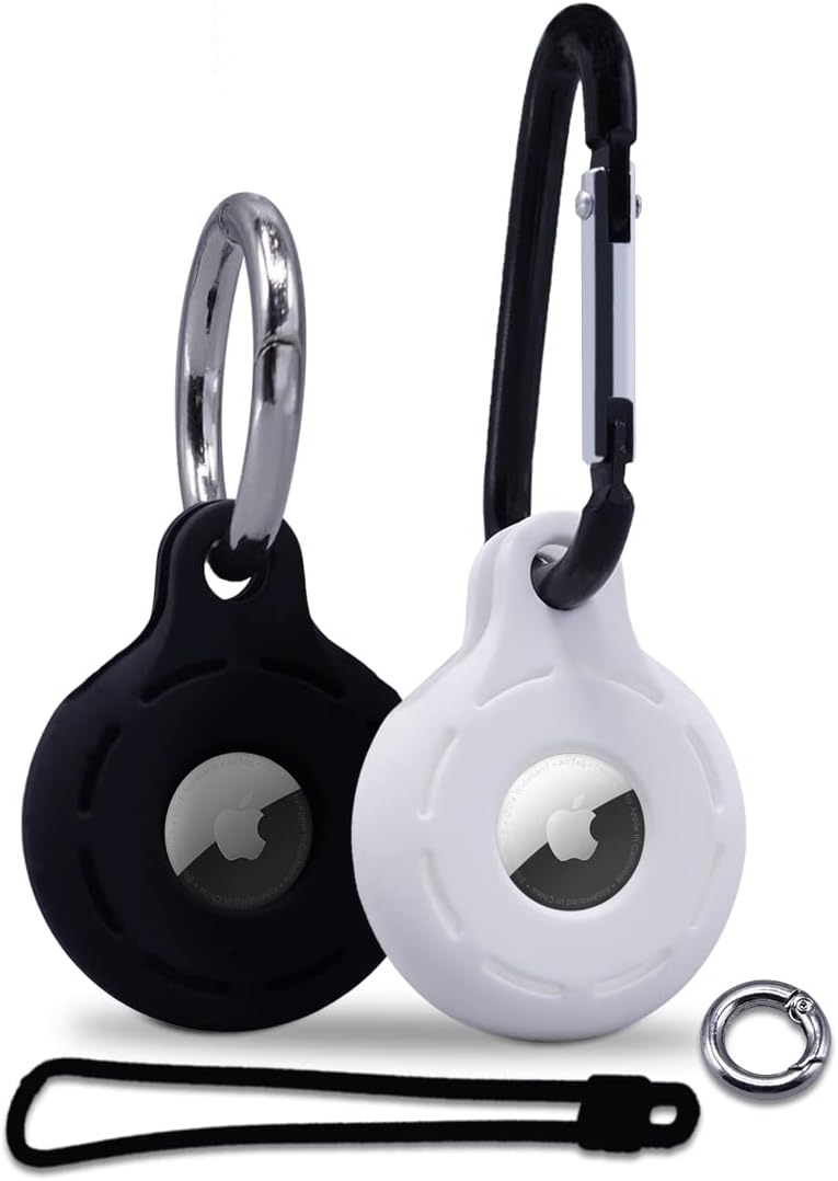 Apple Airtag Holder - Pack of 4 Silicon Airtag Keychain with 1 Wrist Strap, 1 Carabiner Keychain, 1 Small & 2 Big Ring - Washable and Shockproof GPS Dog Air Tag Cases (White, Black, Red, Blue) : Electronics