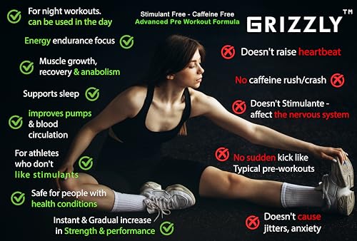 Image of Grizzly Nutrition Night Hawk No Caffeine Pre Workout Powder, Stimulant-Free Energy, Focus & Muscle Pump with L-Citrulline, Creatine, 460g Pack, Kiwi Crush, with 30g Energy Caffeine Pack