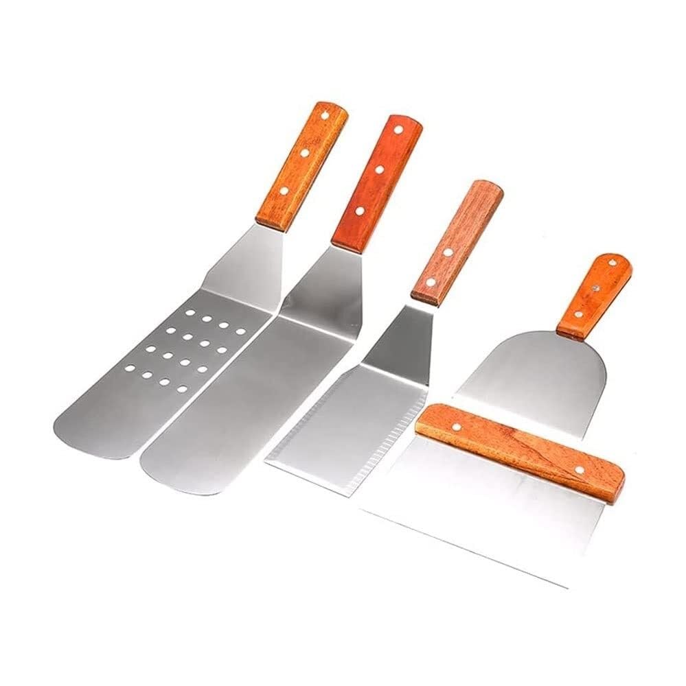 Juego de 5 Herramientas para Barbacoa, espátula Plana con raspador, de Acero Inoxidable, Largo/Corto.
