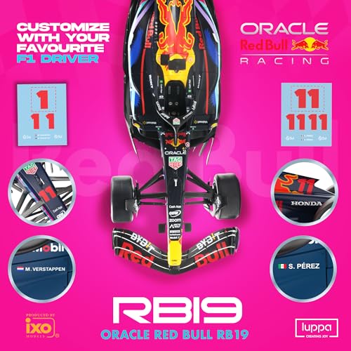 Image of Formula 1 Miami GP RB19 Model Kit - 1:18 Scale Argentinian fan competition winner. Neon pink & teal Miami Vice F1 RB19 Model Inspired by Max Verstappen Building kit, Collectible diecast, 140 Pieces