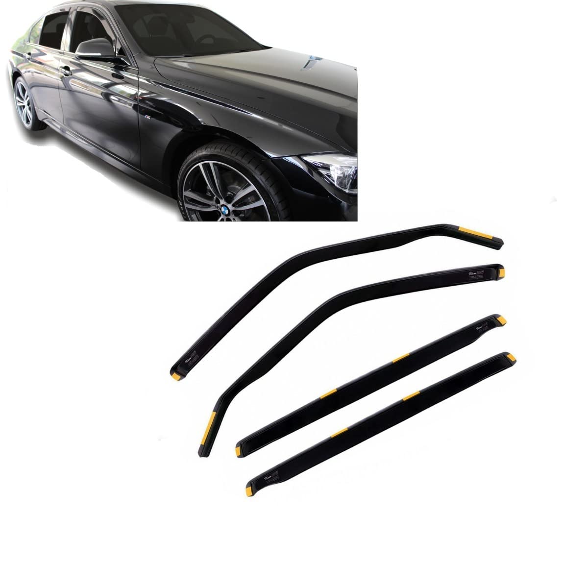 J&J AUTOMOTIVE Heko Déflecteurs d'air et de Vent pour BMW Série 3 F30 4P. Berline 2011-2019, Lot de 4pcs, Teintés, Avant et Arrière, Aérodynamique
