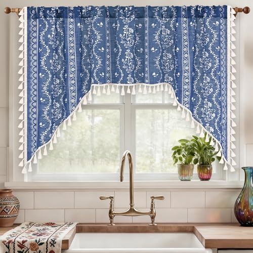 Image of Yinhua Boho Swag Valance Curtains Vintage Linen Valances for Windows Light Filtering Floral Kitchen Valance Rod Pocket Farmhouse Rustic Tassel Window Valances for Bathroom Cafe, 60 inch W x 36 inch L, Blue