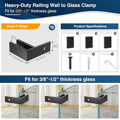 Image of 8 Pack Matte Black Wall to Glass Clamp 90 Degrees Glass Railing Clamp Fit for 3 /8 inch-1 /2 inch(10mm-13mm) Thinkness Balustrade, F Shape T304 Railing Clips for Fence, Balcony Deck, Indoor & Outdoor