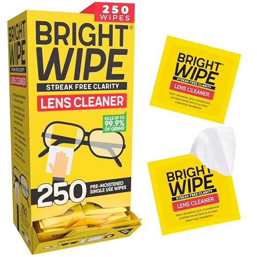 BRIGHTWIPE Lens Wipes - Screen Cleaning Towelletes - Eye Glasses Cleaner - Quick Drying, Remove Fingerprints, Dirt, Oil from Eyewear, Phone and Tablet Screen. 250 Single Use Wipes