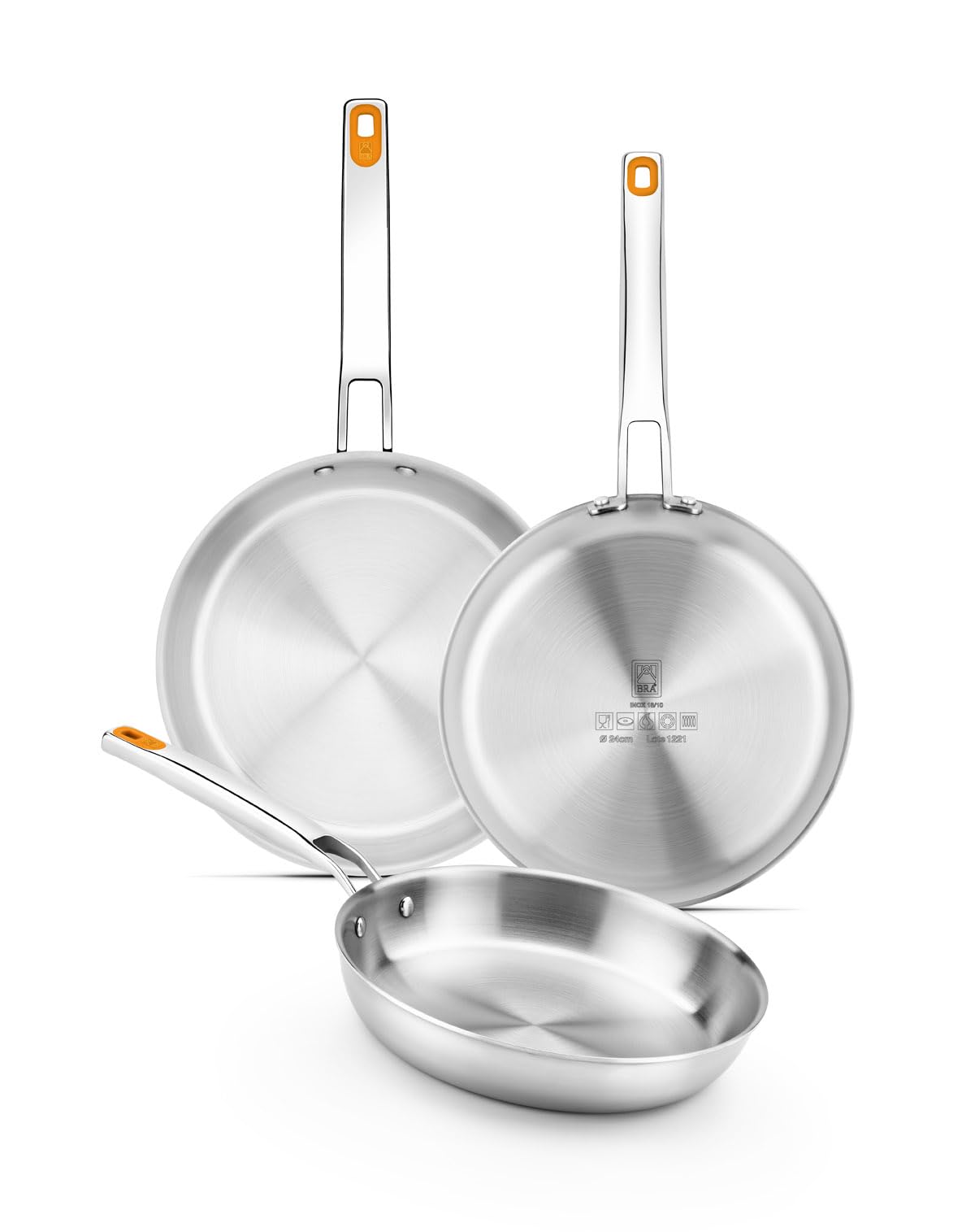 BRA Efficient Inox | Set 3 padelle 20-24-26 cm, Acciaio Inox 18/10 | Triply acciaio inox/alluminio/acciaio inox, senza antiaderente, manico rivettato, adatte a induzione