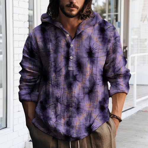 Mens Hoodie Shirts Tie Dye Print Long Sleeve Pullover Loose Fit Vintage Casual Henley Button Fall Hooded Sweatshirts3