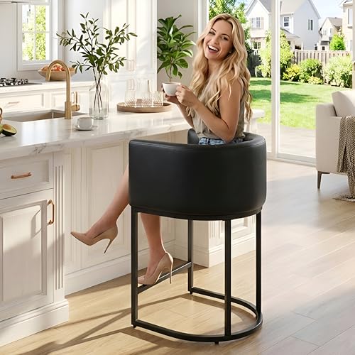 Image of HNY Black Modern Barrel Counter Height Bar Stool, 24 Inch PU Leather Kitchen Barstool with Back for Island, with Black Metal Tubular Frame