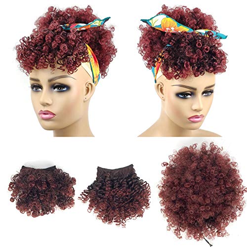 Afro Puff Drawstring Ponytail with Bangs Pineapple Updo Hair for Black Women,Short Kinky Curly Ponytail Bun with 2 Bangs(#1B/BUG)