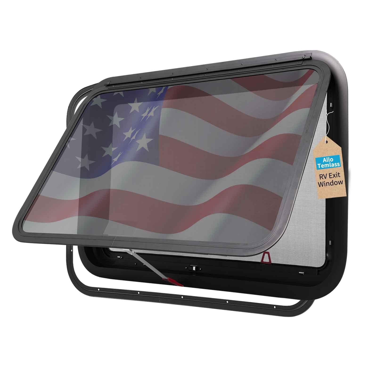 AlloTemlass 36"x22" RV Exit Window | DOT Certified | Tempered Dark Glass, Fine Mesh Screen, Emergency Lock | Aluminum Frame, Waterproof | Trim Set &