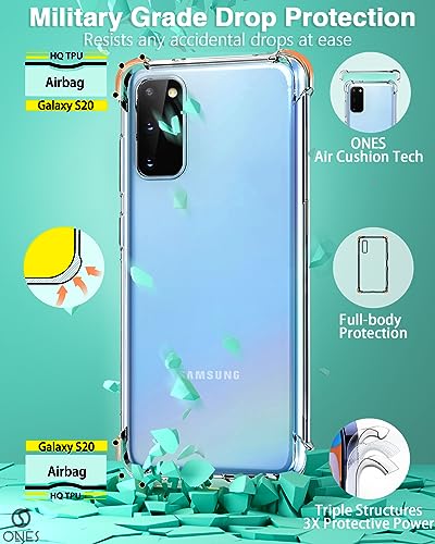 Image of ONES Samsung Galaxy S20 Crystal Clear Case, Shockproof Airbag Protective Case, Raise Edge Protect Camera & Screen, Transparent TPU Bumper Slim Thin Flexible Cell Phone Silicone Cover for Men Women