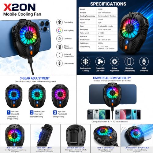 Image of X20N Mobile Phone Cooler with Magnetic Clip | Semiconductor Cooling Fan | RGB LED Gaming Cooler | USB Type-C Fast Cooling Radiator for Android, iPhone & Gaming Phones