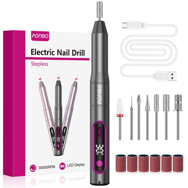 POFIBO Torno para Uñas Profesional - Lima Uñas Eléctrica 30000 RPM con Pantalla LCD,Torno Uñas con Velocidad Ajustable para Gel y Acrílicas,Ideal para Manicura y Pedicura(gris piedra)