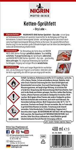 NIGRIN MOTO-BIKE Dry Lube Ketten-Sprühfett für Motorrad, 400 ml, geeignet für O-, Z- und X-Ring-Ketten, Korrosionsschutz, farblos