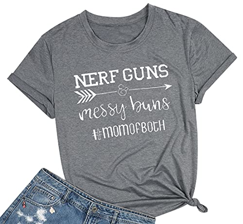 Nerf Guns Messy Buns Mom of Both T-Shirt Women Funny Mom Shirt Casual Short Sleeve Graphic Tee Tops Mama T Shirts (Grey, S)