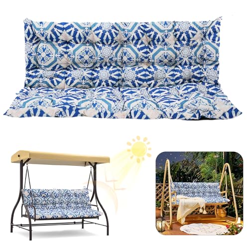 2–3 Seater Swing Replacement Cushion with Backrest, 4" Thick Waterproof Porch Swing Bench Cushion with Ties for Outdoor Patio Furniture (Boho Blue, 55 * 40in) Boho Blue 55*40in