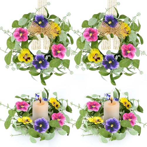 Image of 4 PCS Mini Spring Summer Kitchen Cabinet Wreaths Small Pansy Flowers Wreath for Front Door with Fern Branches Ribbon Small Flocked Lamb Ear Leaves Wreath for Indoor Outdoor Farmhouse Porch Wall Decor