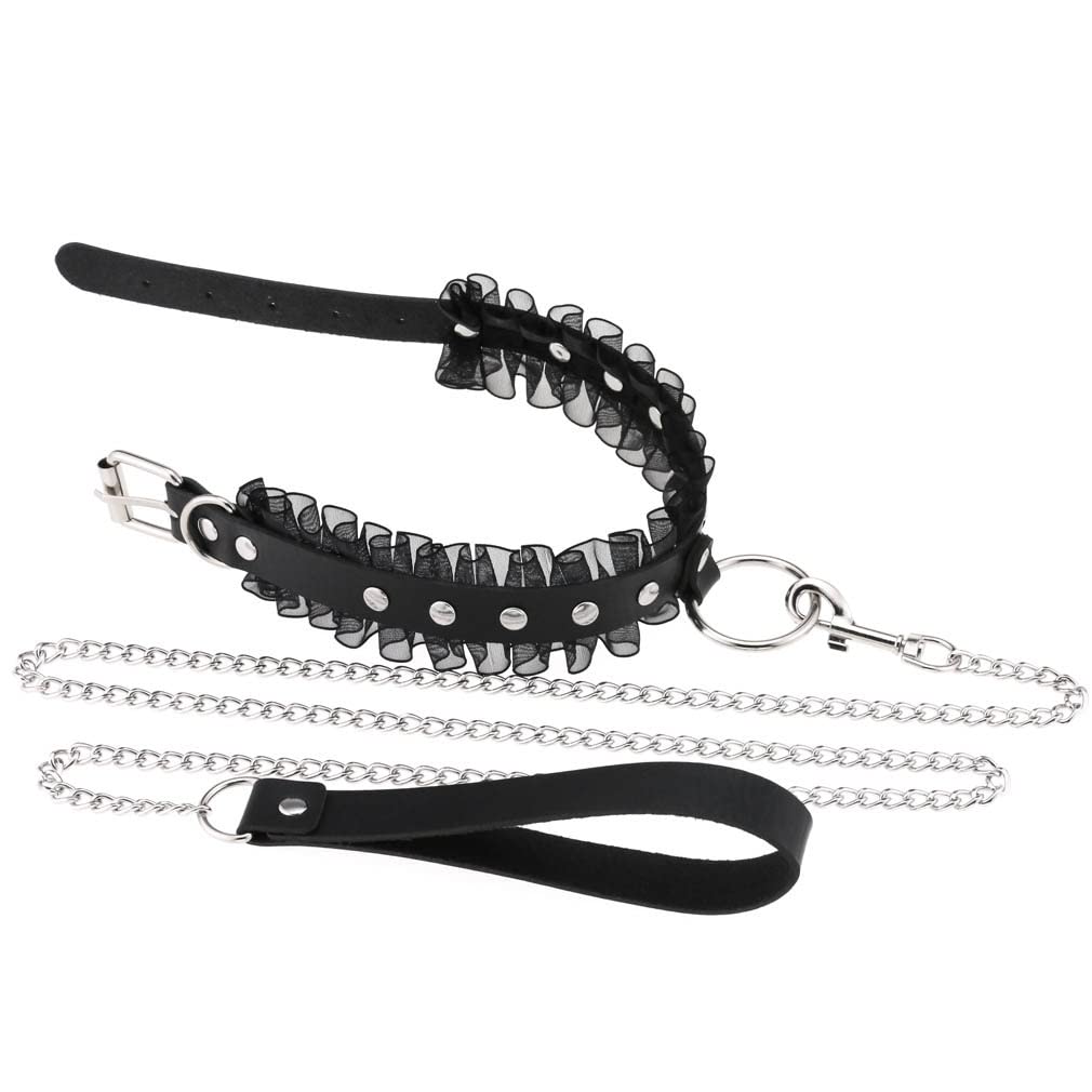 FM FM42 Multicolor PU Simulated Leather Silvert-Tone Rivets O Ring Lace Collar Choker Necklace with Detachable Chain Leash