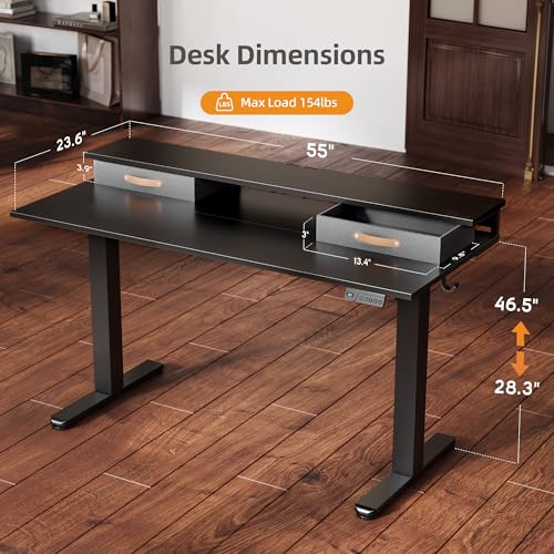 Image of Claiks Electric Standing Desk with 2 Drawers, 55 Inch, Black
