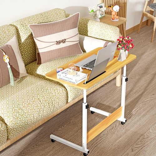 OXFENSEE 80x40cm Laptoptisch mit Rollen, höhenverstellbarer 62-85cm, Schreibtisch Computertisch Mobiler Stehtisch Überbett-Tisch 360 Drehbaren Tischplatte, Beistelltisch fürs Sofa,Holzfarbe