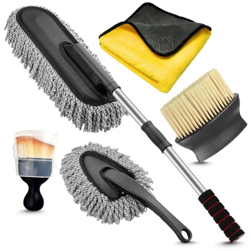 Porslin 5 Pcs Microfiber Car Duster Kit - Extendable Long Handle Car Cleaning Accessories - Interior & Exterior Detailing Brush Set - Scratch & Lint F