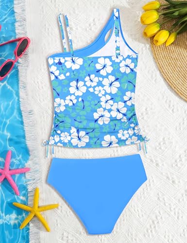 Image of AGAPENG Girls Swimsuit Two Piece One Shoulder Tankini Floral Print Drawstring Swimwear Set 7-14Y