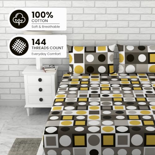 Image of LORETO - A QUALITY LINEN BRAND 144 TC 100% Pure Cotton King Size Fitted Bedsheet with 2 Pillow Covers for 72 x 72 Inch, All-Around Elastic, 8 Inch Deep Pocket, Forged Iron Grey & Lemon Zest Yellow