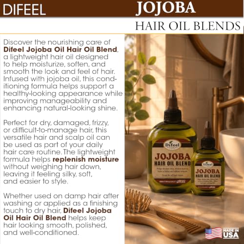 Image of Difeel Jojoba Oil Hair Oil Blend - Travel Size 2.5 oz. - Lightweight Hair & Scalp Moisturizing Oil for Dry, Damaged & Frizzy Hair, Adds Shine & Softness