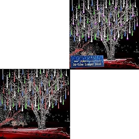 Kwaiffeo 8-Tube & 24-Tube Icicle Christmas Lights Outdoor, Meteor Shower Lights Snow Falling Icicle Cascading Lights for Xmas Tree Halloween Decoration Wedding Party, UL Plug, Multi-Colored Cover