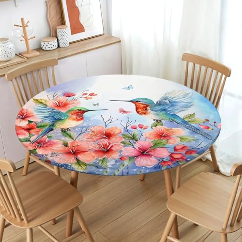 Spring Summer Hummingbird Round Fitted Tablecloth with Elastic Edge,Waterproof Wipeable Pink Red Floral Blue Brids Flower Table Cover for 40-44" Stretch Table Cloth for Dinner Indoor Outdoor Party by Czeservior - Used condition - Image 2