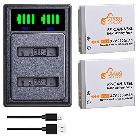 NB-6L Battery with LED USB Charger, Pickle Power 2 Packs 1300mAh Batteries for Canon NB-6LH Canon PowerShot D10 D20 D30 S95 SX260 SX280 SX540 SX700 SX710 HS Cameras Cover
