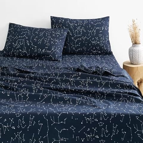 Wake In Cloud - Constellation Bed Sheets, 4-Piece Sheet Set, Celestial Space Witchy Star Galaxy Astrology, Soft Microfiber Deep Pocket Bedding, Navy Blue, Queen Size Cover