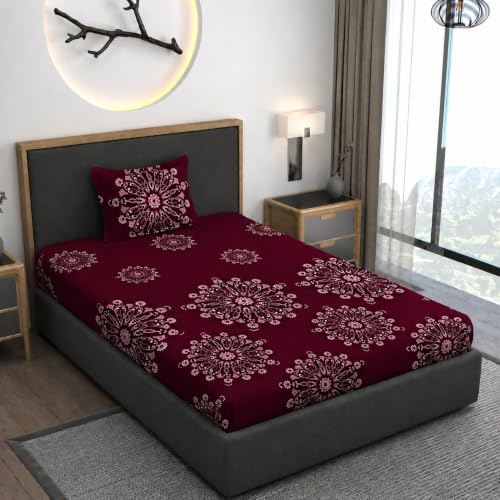 Image of Vaini Premium Heavy Cotton Elastic Fitted Bedsheets with 1 King Size Pillow Covers || Single Bed with All Around Elastic 350 TC || 36 x 78 x 6 Inch Single Size Fitted || :- Maroon Big Flower