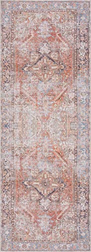 Hauteloom Georgia Eira Machine Washable Kitchen Runner Rug - Persian Medallion Faded Style - Entryway Distressed Long Carpet - Terra Cotta, Brick Red, Brown, Orange, Blue - 2'7